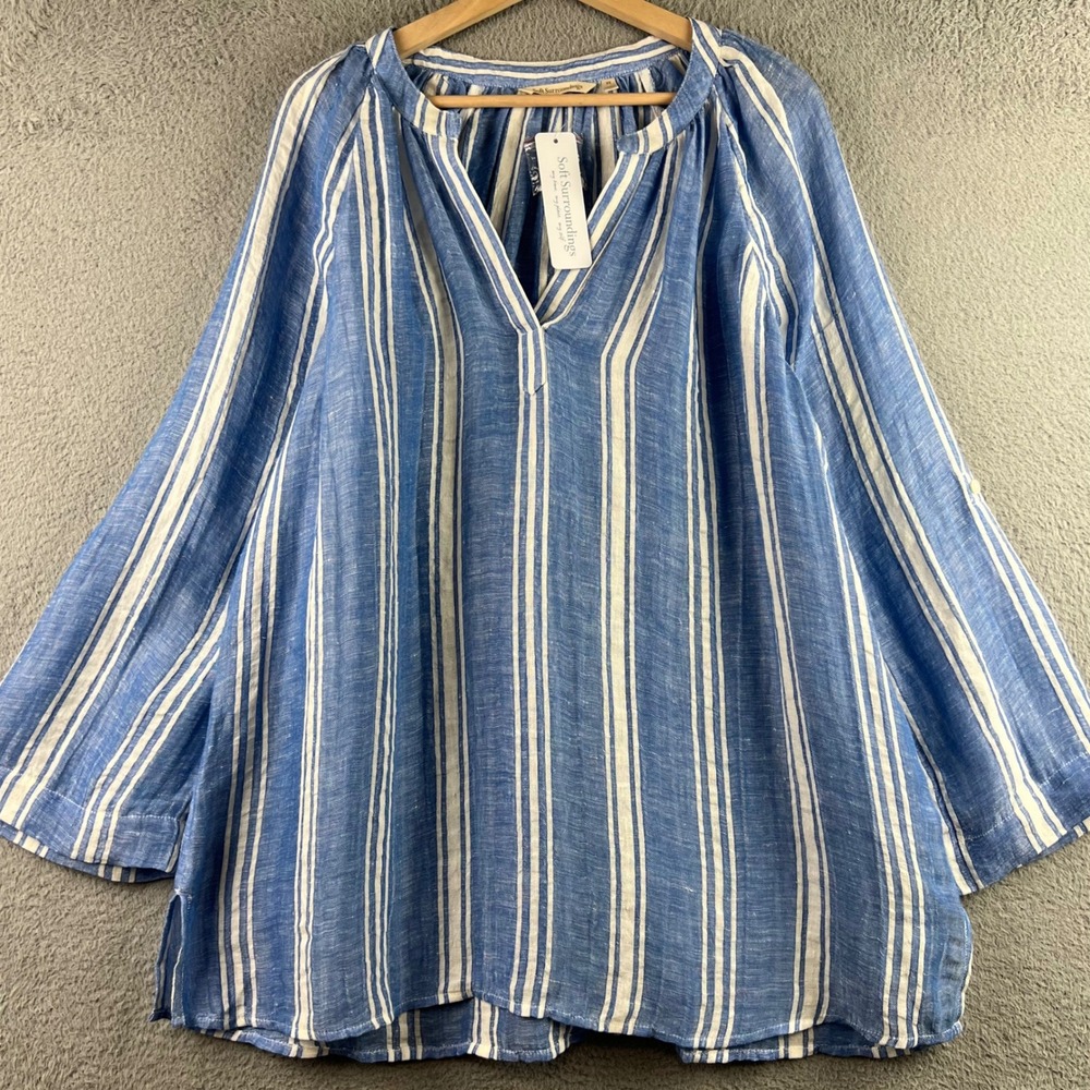 new Soft Surroundings Cesme Gauze Pullover Blue White Stripe Linen Top 2X